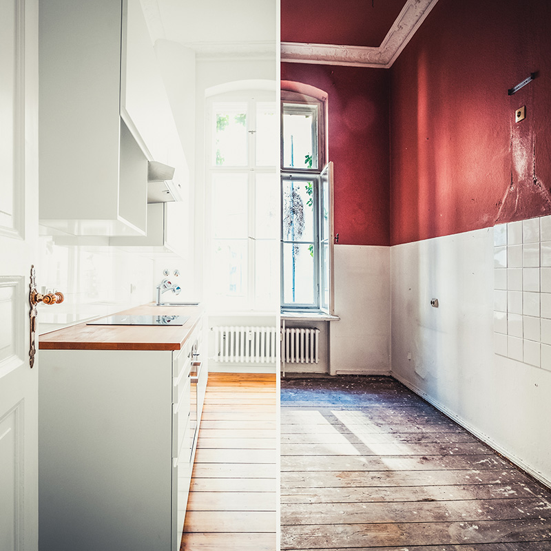 Side-by-side before and after of a kitchen refurbishment or restoration