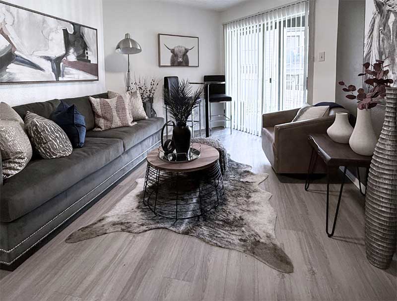 Contemporary apartment interior with upscale finishes and natural lighting