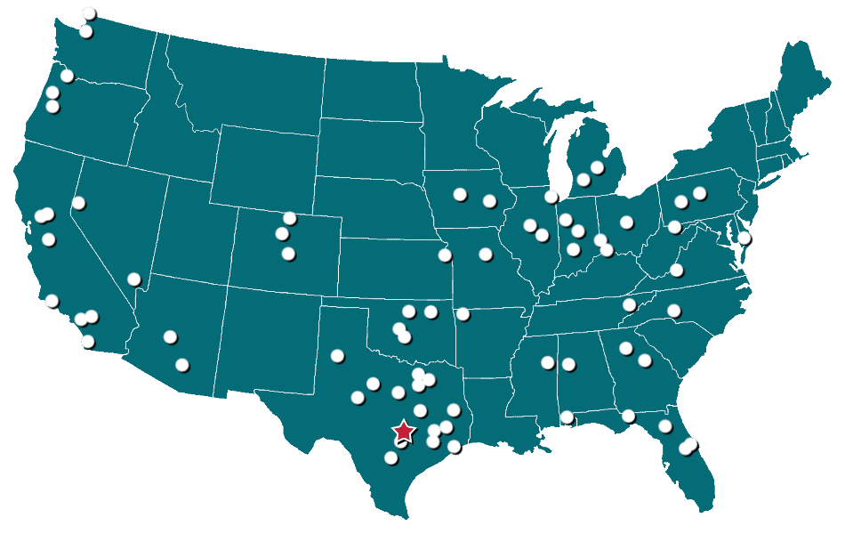USA map with white dots and a star, showing PDS's support for 70 markets in 2024